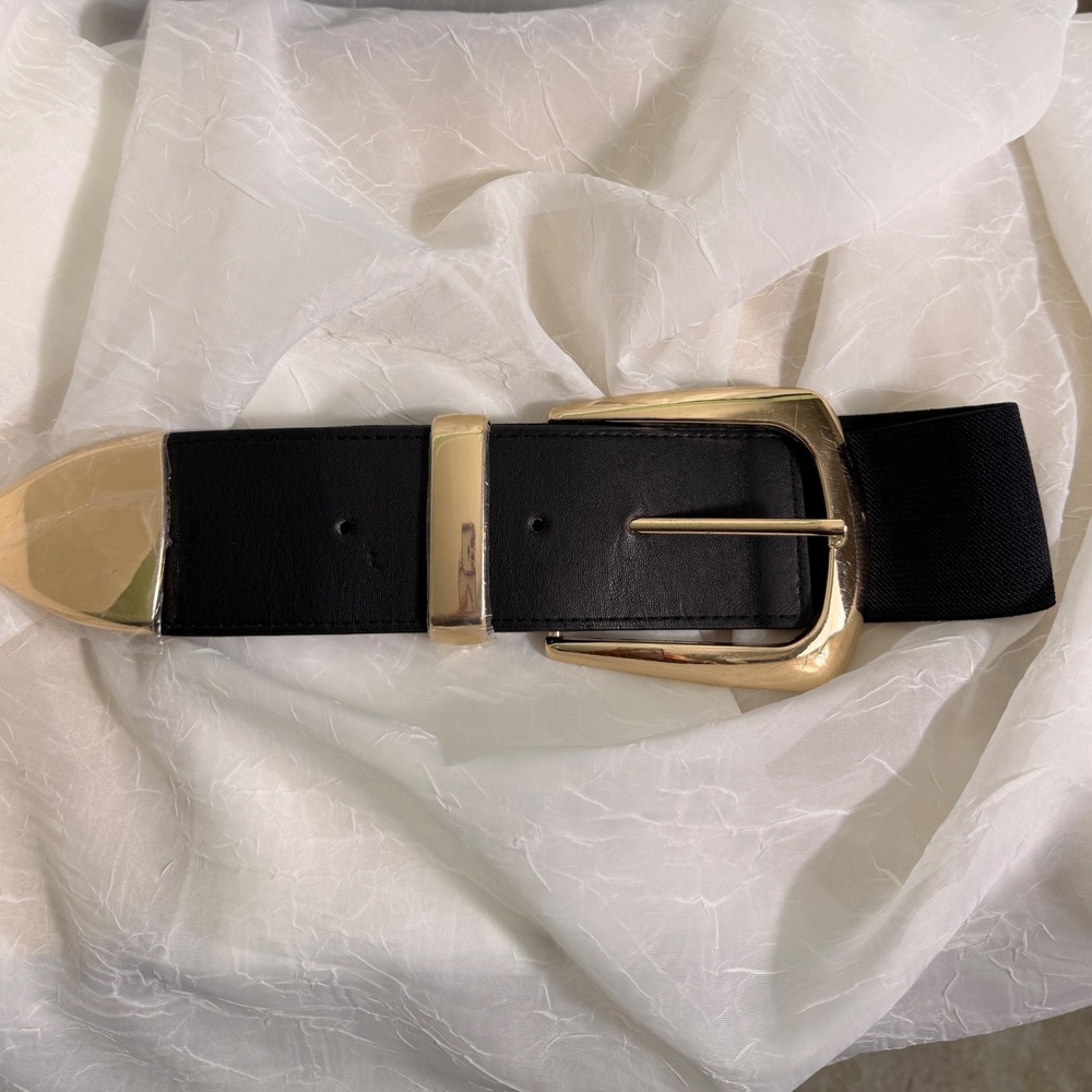 Black Faux Leather Elastic Wide Waist Cinch Belt Gold Buckle Metal Tip New